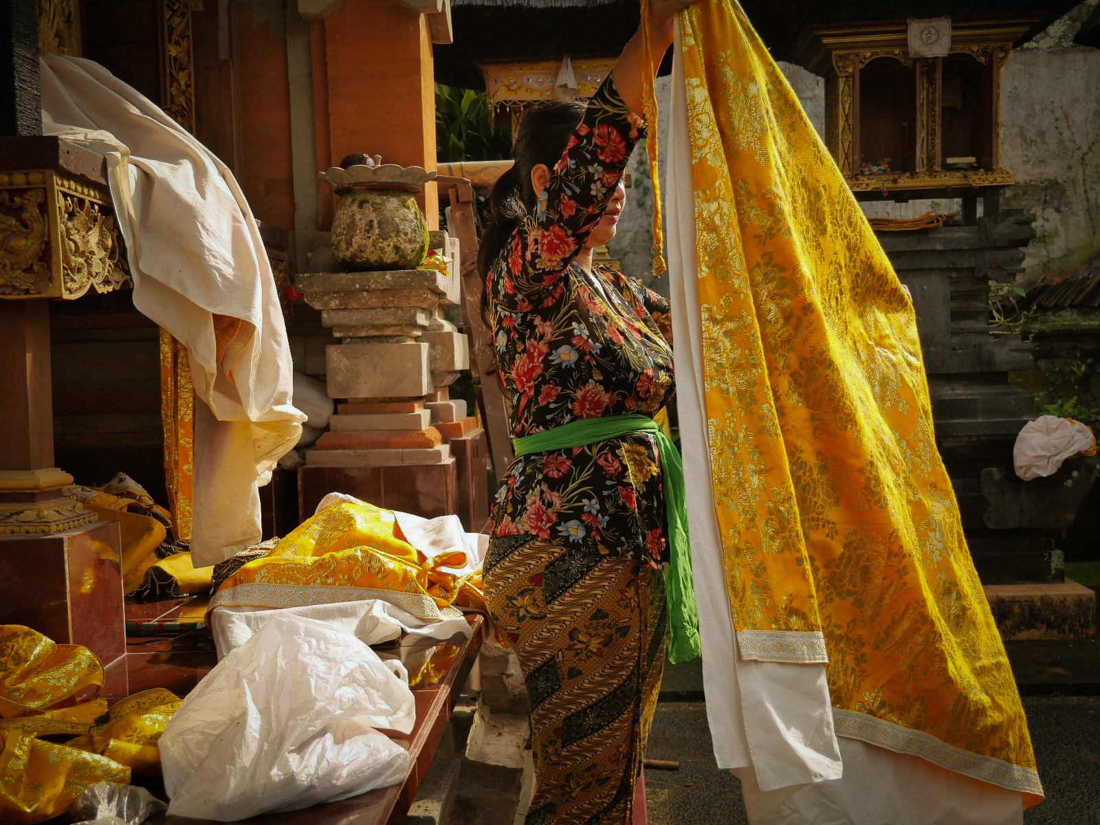 ragazza balinese mentre allestisce il tempio di famiglia con tessuti gialli e bianchi