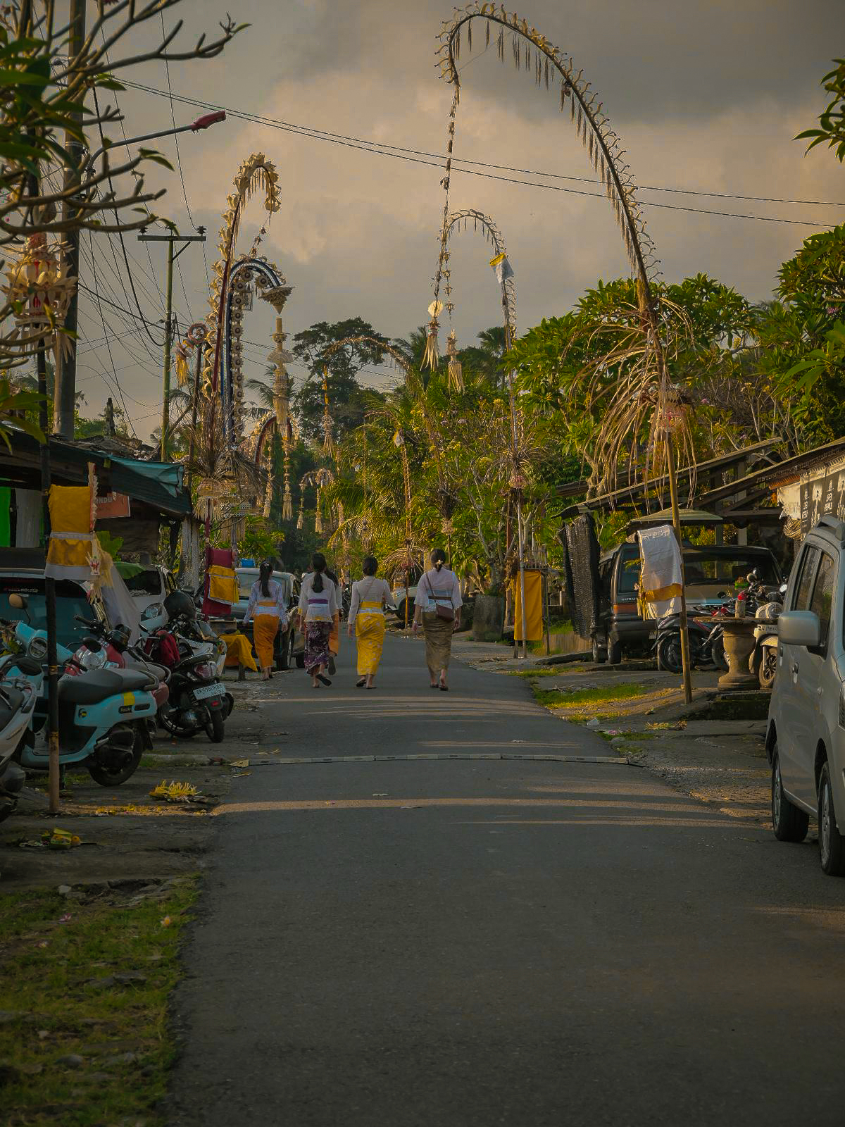strada di un villaggio a ubud con penjor durante il Galungan